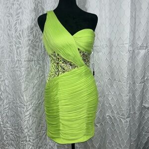 Cocktail lime green one shoulder Terani dress